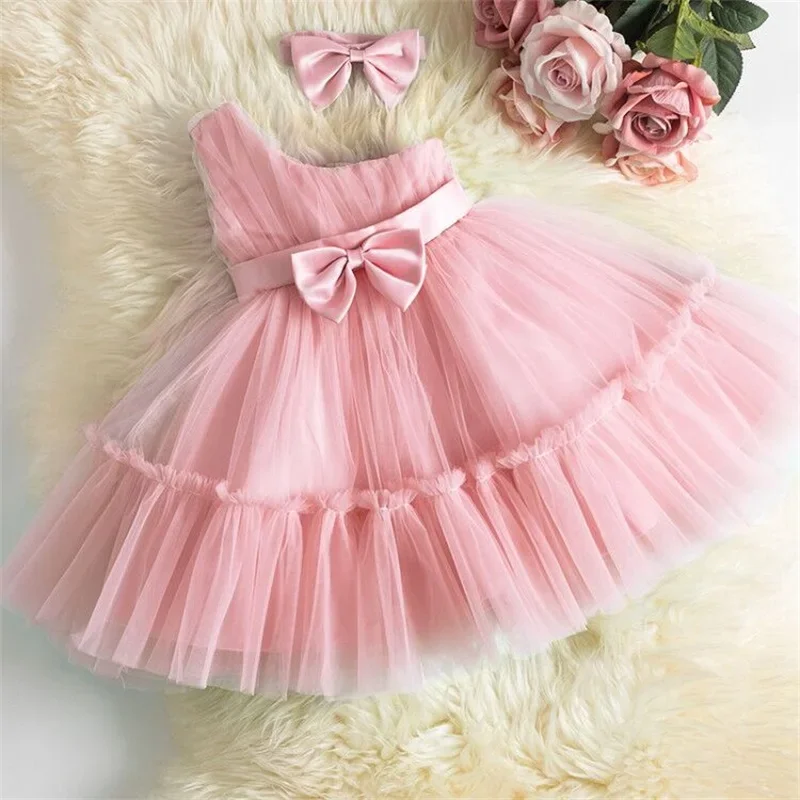 Baby Girl Princess Dress 1st Birthday Party Dress One-shoulder Bow Tulle Gala Gown 12 Month Newborn Girls Pageant Baptism Dress