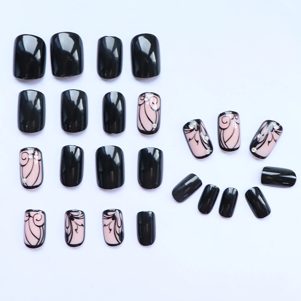 ARTAUG 24PCS Elevate Your Style With Short Square Black Press On Nails Lace Lacework Press On Nails Ballerina Girl Style Nails