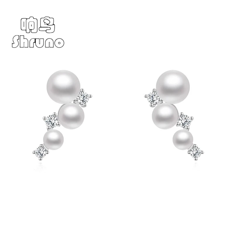 Shruno Sterling Silver 925 Smile Natural White FreshWater Pearl Earrings Real Moissanite Diamond Stud Earrings For Women Jewelry