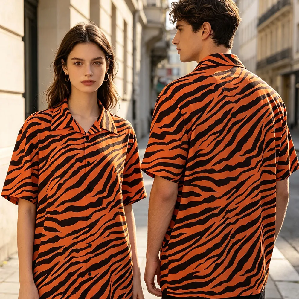 Tiger Stripes Pattern Hawaiian Shirt Orange Black Animal Print Men Women Button Down Chemise Short Sleeve Loose Unisex Clothing