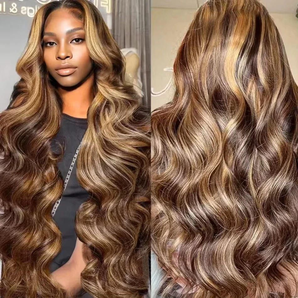 

30 Inch Highlight Body Wave Lace Human Hair Wig P4/27 Honey Blonde 250 Density 13x6 HD Transparent Lace Frontal Human Hair Wig