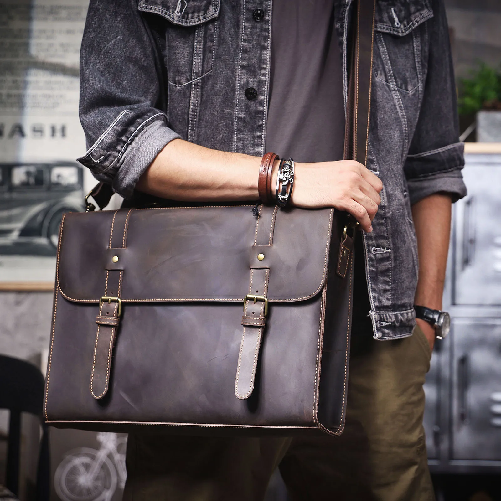S.WORKER Vollnarbenleder 15" Laptop-Aktentasche Echtleder Herren Büro-Handtasche Messenger-Tasche Business-Bürotasche – Detail 6