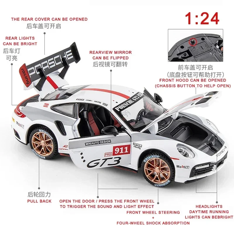 1:24 Porsche 911 GT3 RSR Legierung Druckguss & Spielzeugfahrzeuge Metallauto Modell Sound Licht Zurückziehen Kinderspielzeug Sammlung A416