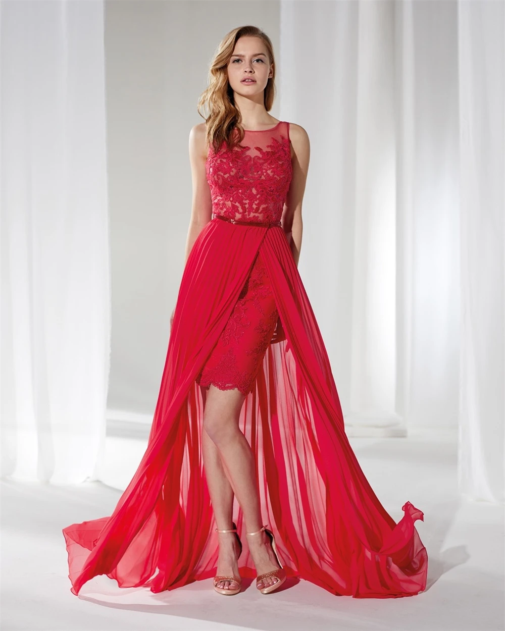 فساتين سهرة شيفون حمراء ساحرة مخصصة رائعة برقبة دائرية بدون أكمام لحفلات العودة للوطن فستان مثير للحفلات #3