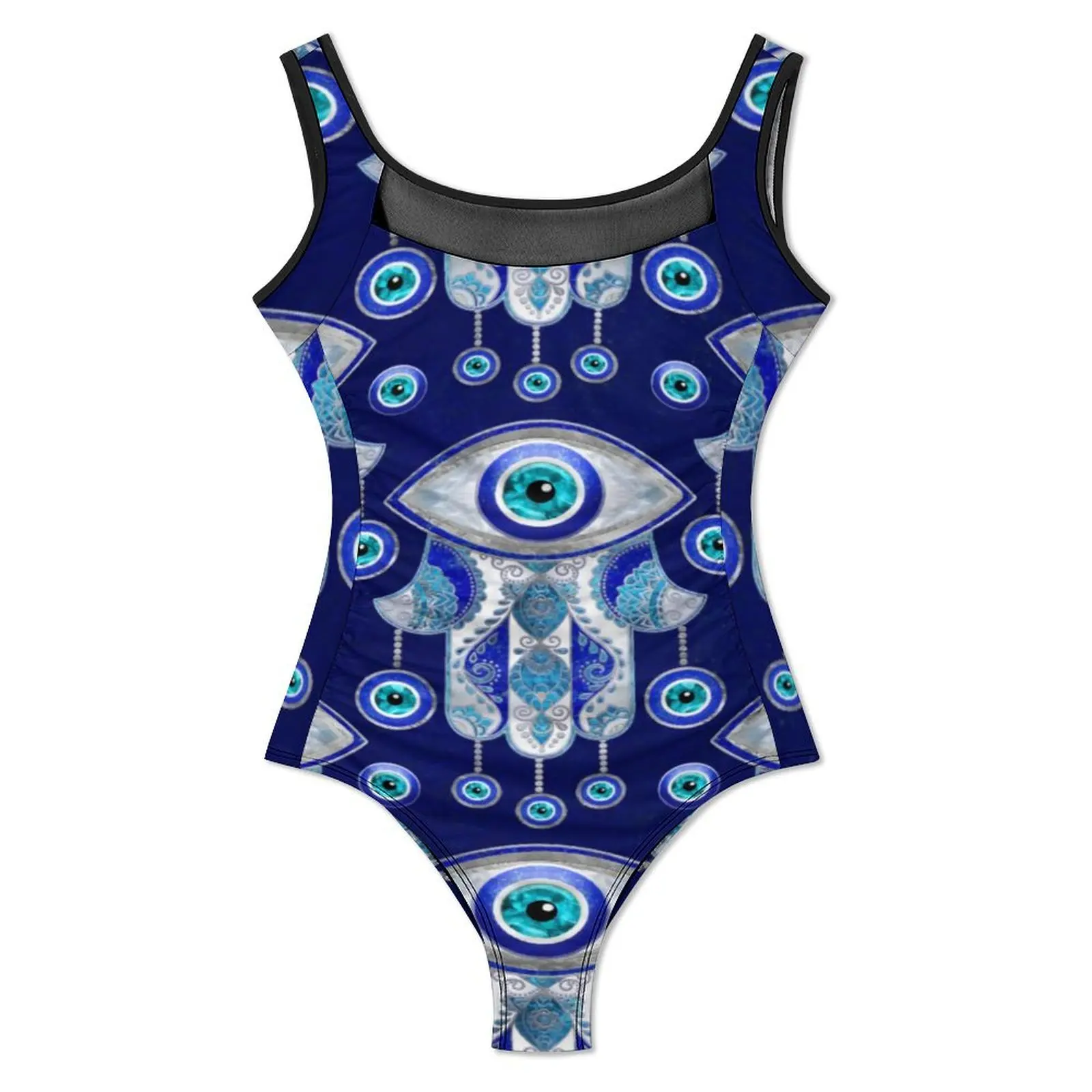 Hamsa Hand Swimsuit Sexy Evil Eye Print Ladies Swimwear One Piece Fashion Swimsuits Holiday Swim Push Up Mesh Monokini