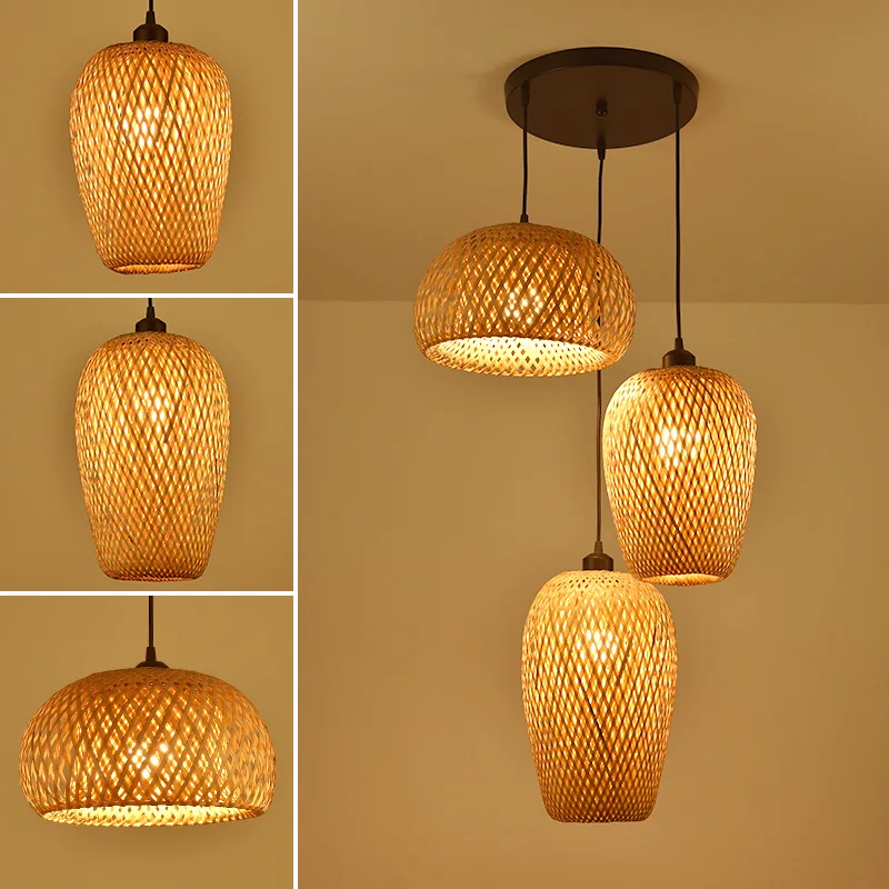 Ręcznie robiony Rattan bambusowy wisiorek LED światła Vintage tkane żyrandole E27 żarówka lampa wisząca restauracji zawieszenie połysk