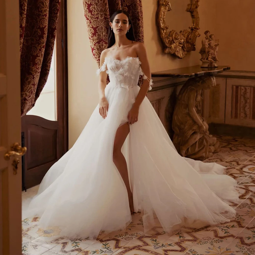 Tulle Wedding Dresses Off Shoulder High Split A Line Bride Dress for Women with 3D Flowers Lace Up Back Bridal Gown Customized