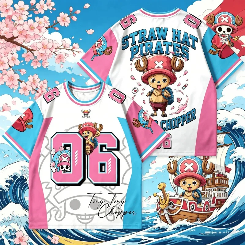 New One Piece Tony Tony Chopper 06 Jersey Men Straw Hat Pirates Short Sleeve V Neck Pink Blue Anime Graphic Casual Streetwear