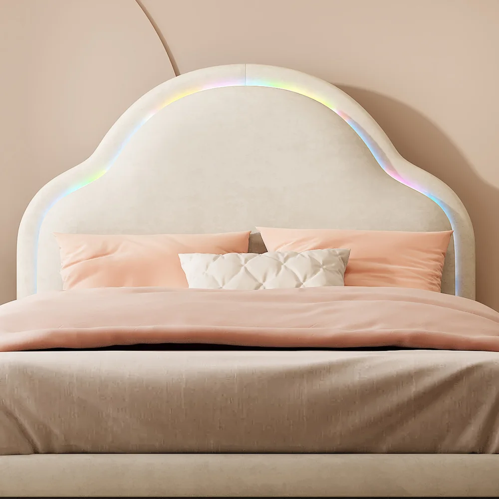 PINGGO Beige Samt Einzelbett 90x200cm Wolkenförmiges Kopfteil Farbwechsel-LED-Streifen Holzlatten Kinderbett Ohne Matratze – Detail 14