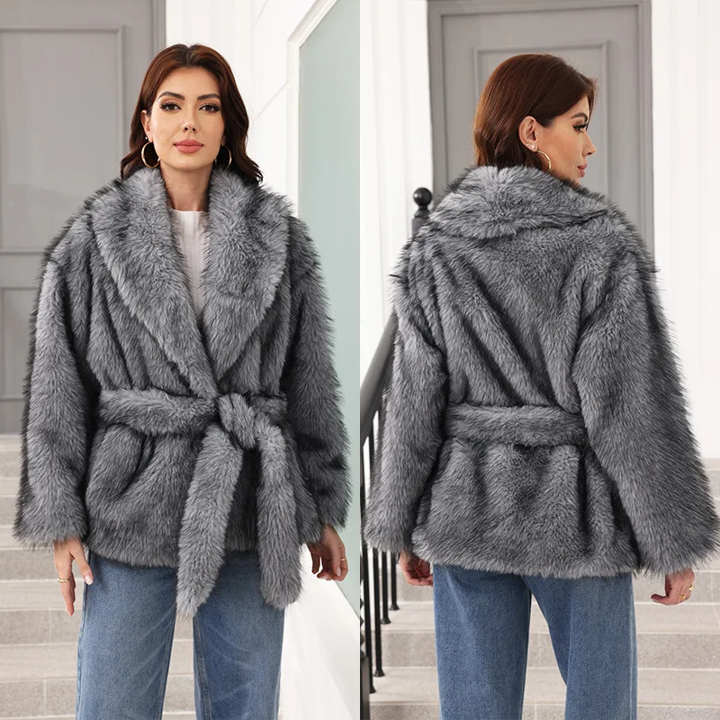 Long Faux Fur Coat Women Autumn Winter Large Jacket Overcoat Turn Down Collar Pockets Luxury Thick Coat Warm Jackets Maxi Coats