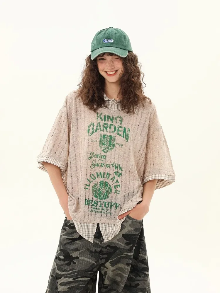 Camisa Vintage falsa de dos piezas para mujer, Top de manga corta estilo universitario Retro americano, blusa de gran tamaño para verano 2025, camiseta de calle