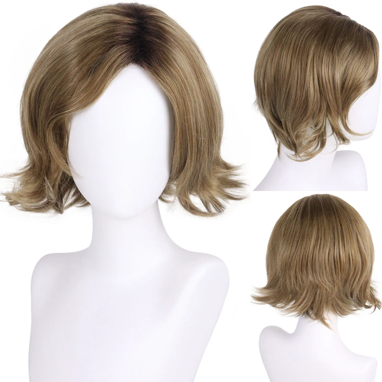 

Synthetic Hair 12 Inch Short Brown Dark Root Wig with Side Bangs for Women Natural Soft Curly Wigs for Mother Daily Paty Wig