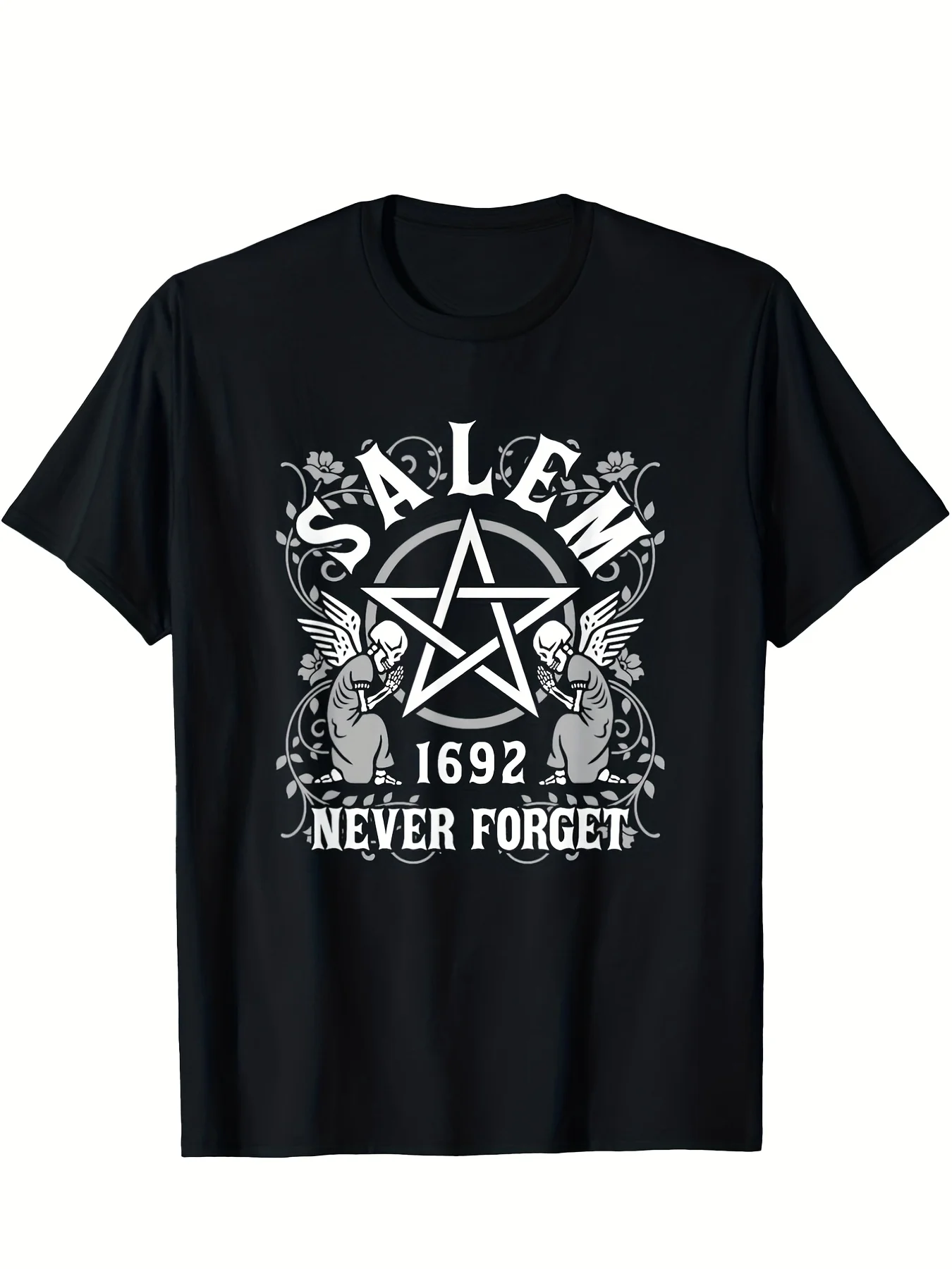 Unisex Crew Neck T-Shirt Salem Witch Coven Pentagram 1692 Never Forget Graphic T-Shirt for Men Soft Breathable Tee with Floral Winged Design for allSeason Casual Wear Halloween Christmas Gift Plus Sizes L Same style for men and unisex 2026 summer sh