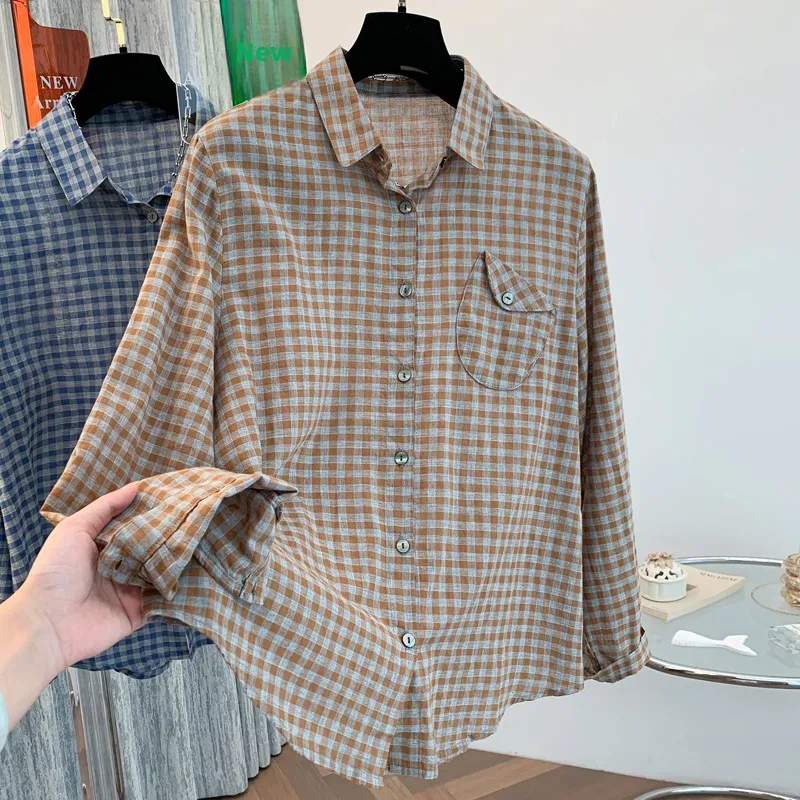 

Loose Women's Shirt Vintage Simple Grid Design Autumn Fashion Ladies' Clothing Bamboo Cotton Long Sleeve Thin Style