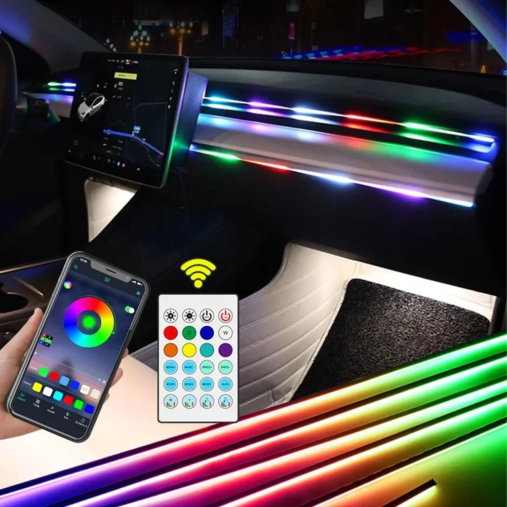 64 colors USB Car LED Ambient Light Acrylic Strips Dashboard Lights RGB Car Interior Hidden App Remote Control Atmosphere Lamp