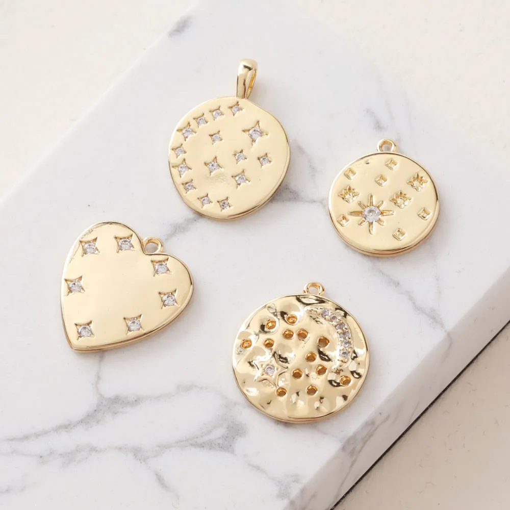 4PCS Medallion or Disk Pendant Crescent Charms for Jewelry Making DIY Brass Zircon Handmade 14k Gold Plated