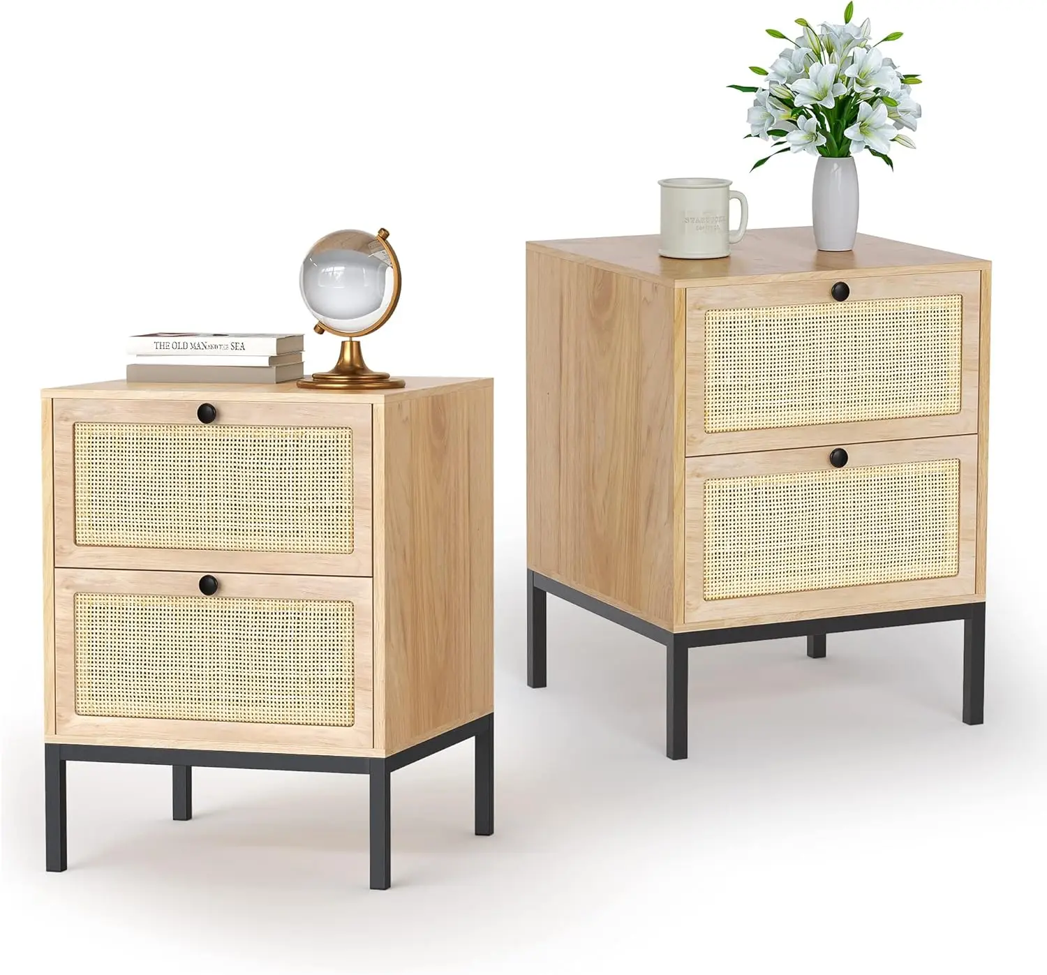 

Rattan Nightstand Set of 2, Boho Bedside with Handmade Natural Rattan Decorative Drawers, Modern Night Stand for Bedroom L