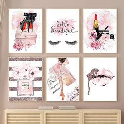 Fashion Eyelashes Lips Makeup Posters Prints Pink Flowers Perfume Canvas Painting Wall Art Pictures for Girls' Room Home Decor