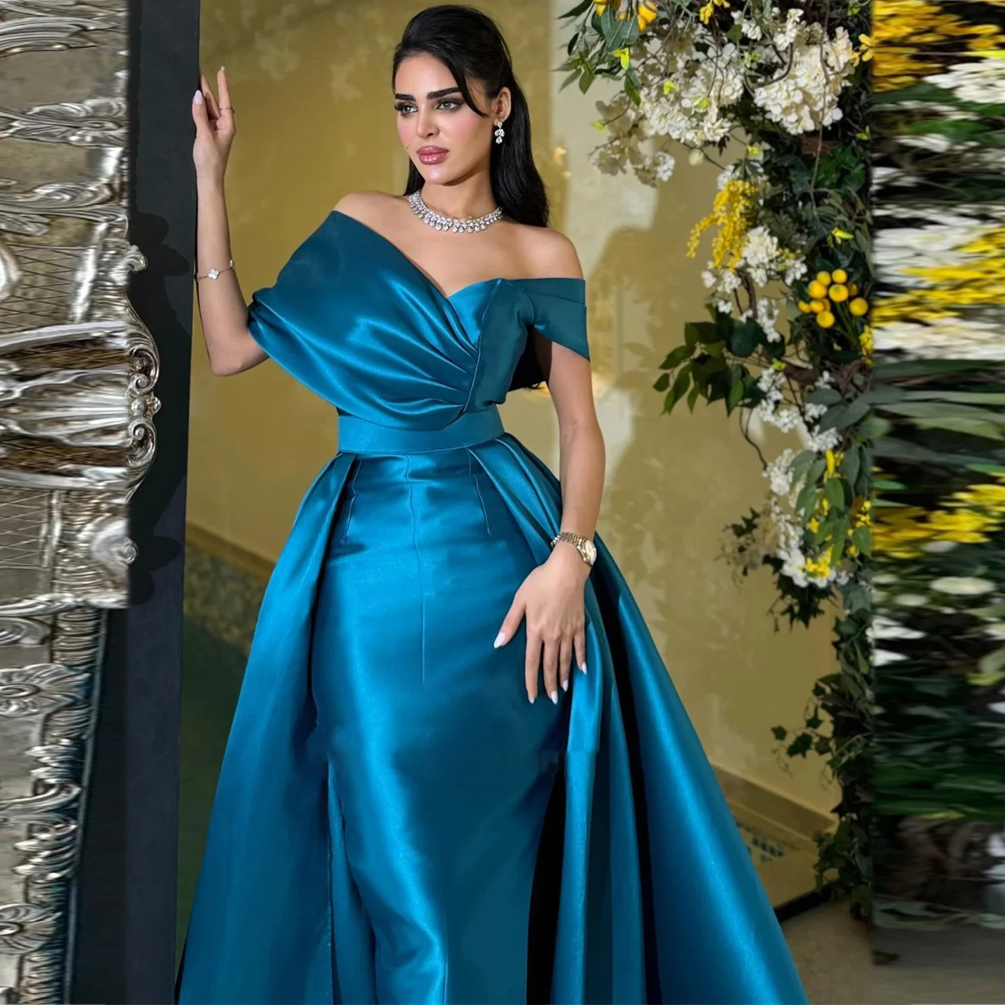 

Women's Teal Satin Evening Dress With Off Shoulder Neckline High Slit And Detachable Train For Formal Party Prom Dresses