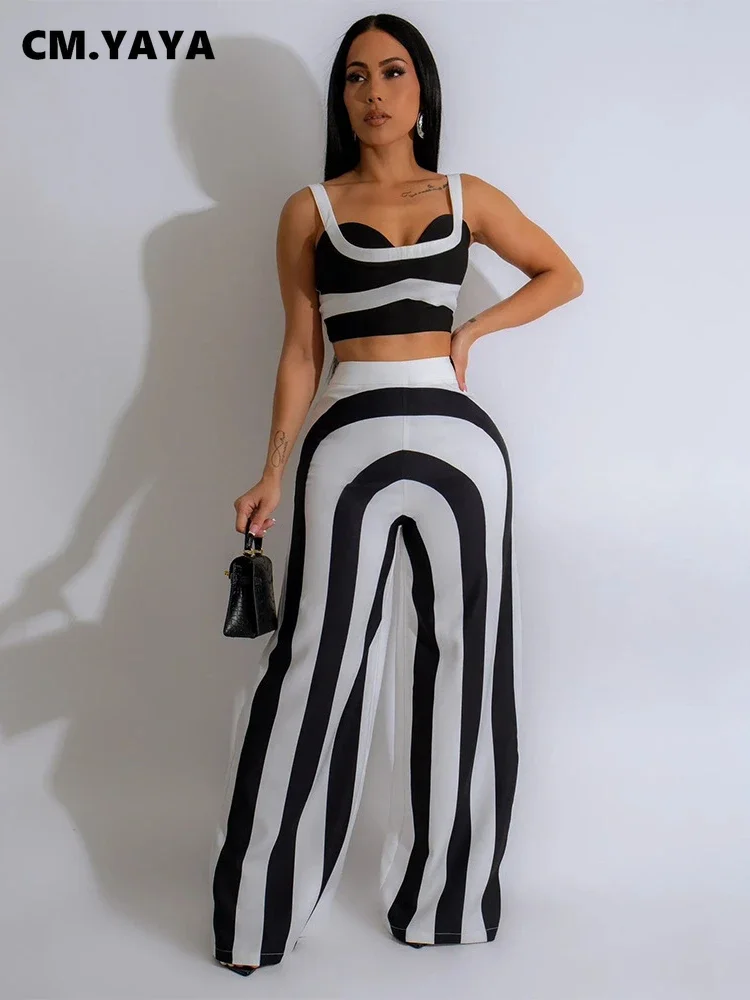 CM.YAYA Summer Women's Set Striped Print Sleeveless Strapless Tops +Wide Leg Pants Street Two 2 Piece Sets Outfits Tracksuit