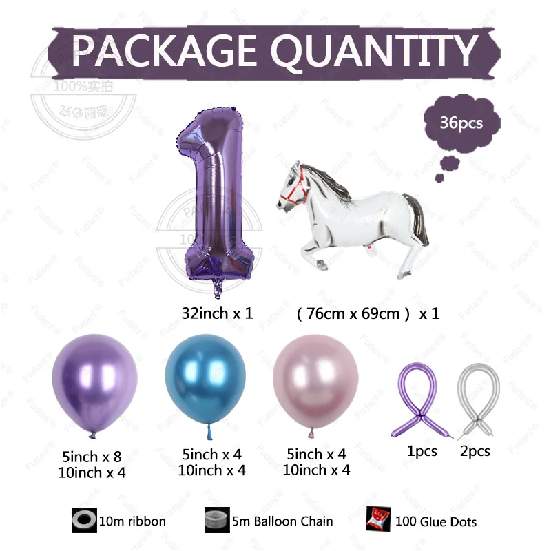 37pcs Vertical Base Purple Number Foil Balloon White Horse Balloons Romantic Wedding Set Girls Birthday Party Baby Shower Globos