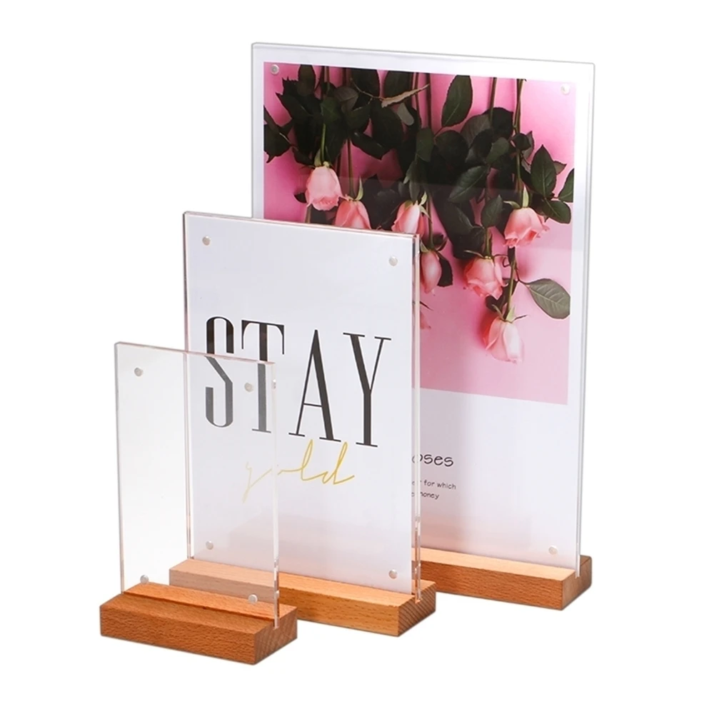 Acrylic Sign Holder Beech Material T Shape Table Menu Holder Product Price Flyer Display Card Holder Stand