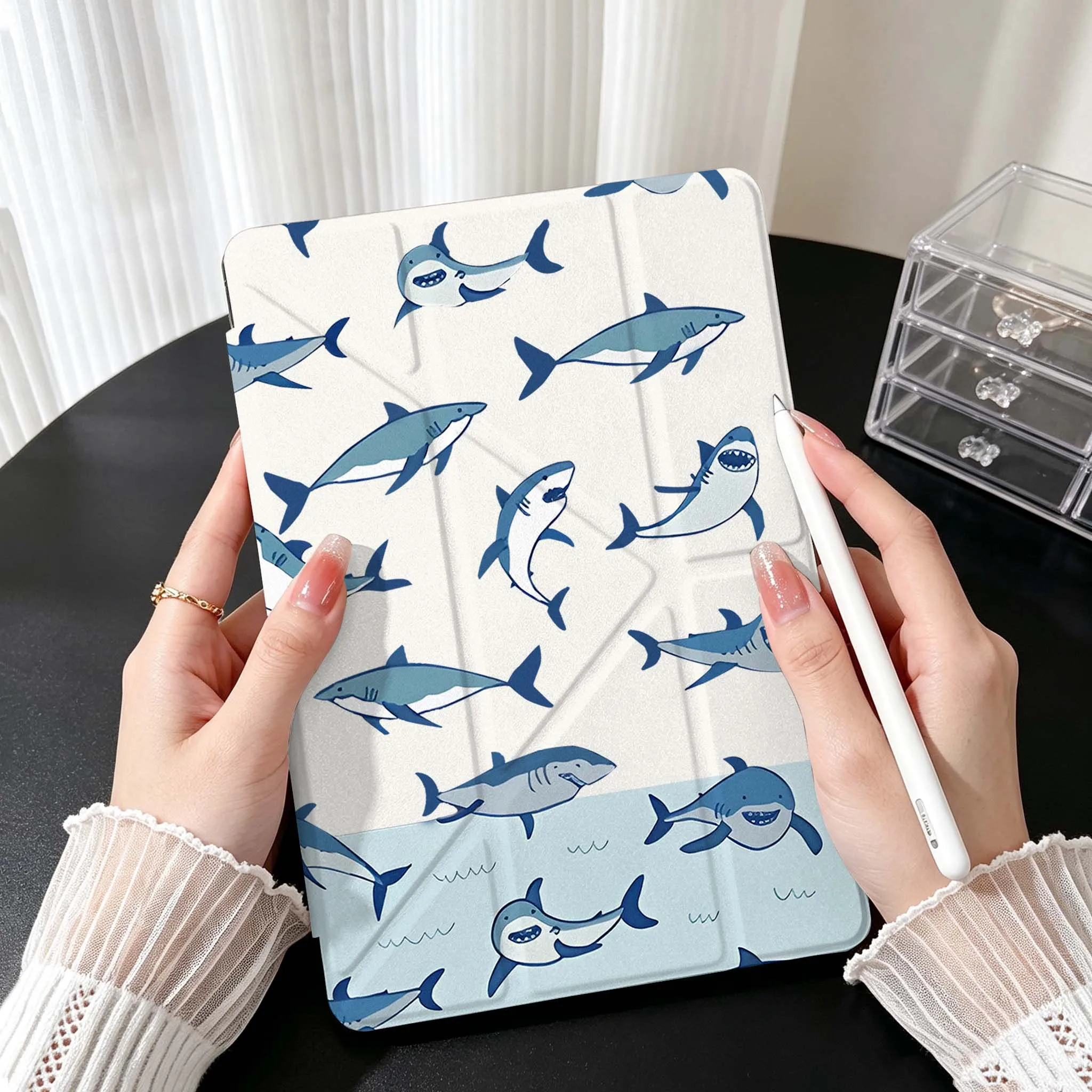 Cartoon shark Case For Samsung Galaxy Tab A9 A8 A11 S6 S7 S8 S9 S10 FE Plus Lite Transparent Y-Shaped Folding Tablet