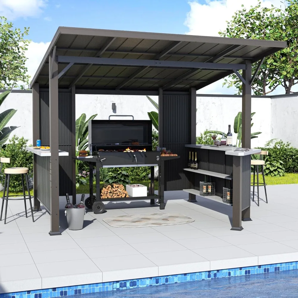 10'x 10' Hardtop Grill Gazebo, BBQ Gazebo with Storage Shelves and Expansion Platform, Permanent Galvanized Steel Lean to Gazebo