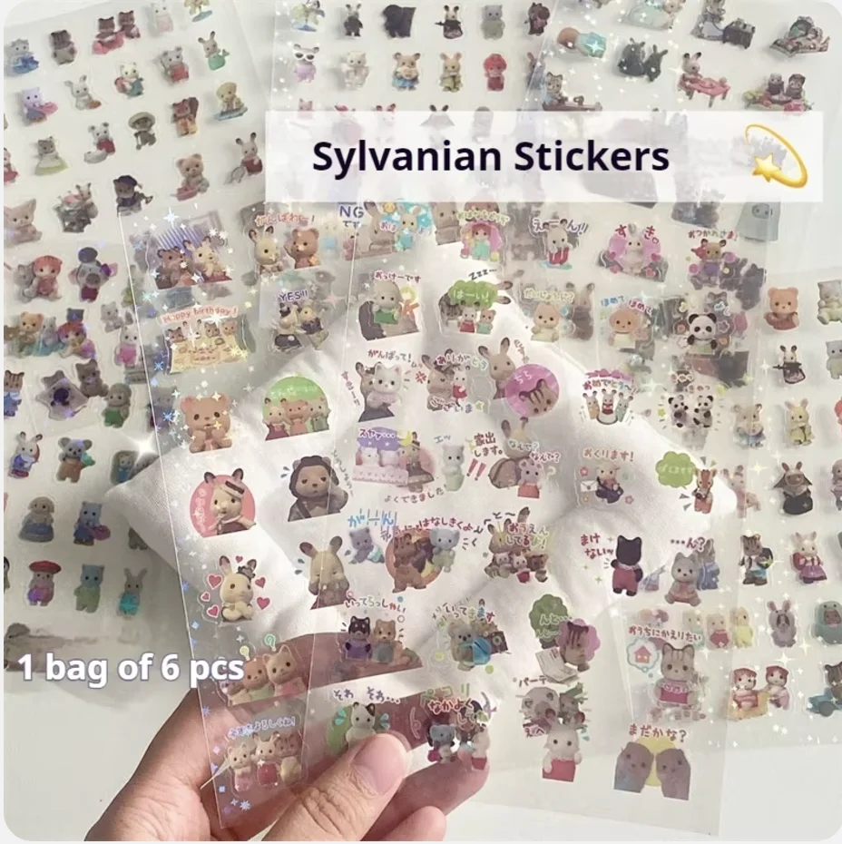 6Pcs Sylvanian Families Mini Cartoon Waterproof Kawaii Stickers Pack Anime Accessories Children's Toys Gift