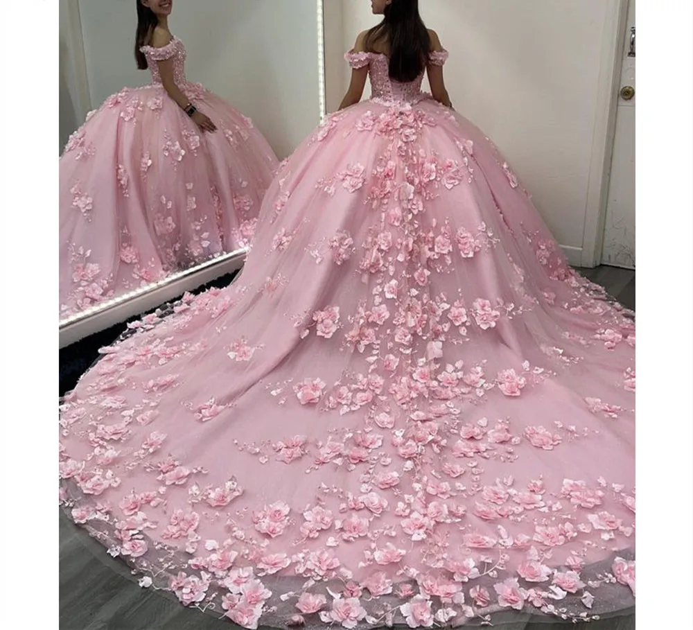 Apliques de flores en 3D, Vestidos de Quinceañera de lujo, Vestidos de cumpleaños de graduación para niñas, Vestidos de princesa 15 16 dulces, Vestidos hechos a medida