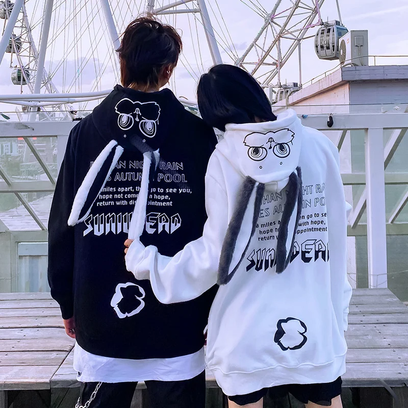 

Plush Rabbit Long Ear Hooded Sweatshirt Women Kawaii Thicken Pocket Outwear 2024 Spring Autumn Couple Matching Cute Hoodie