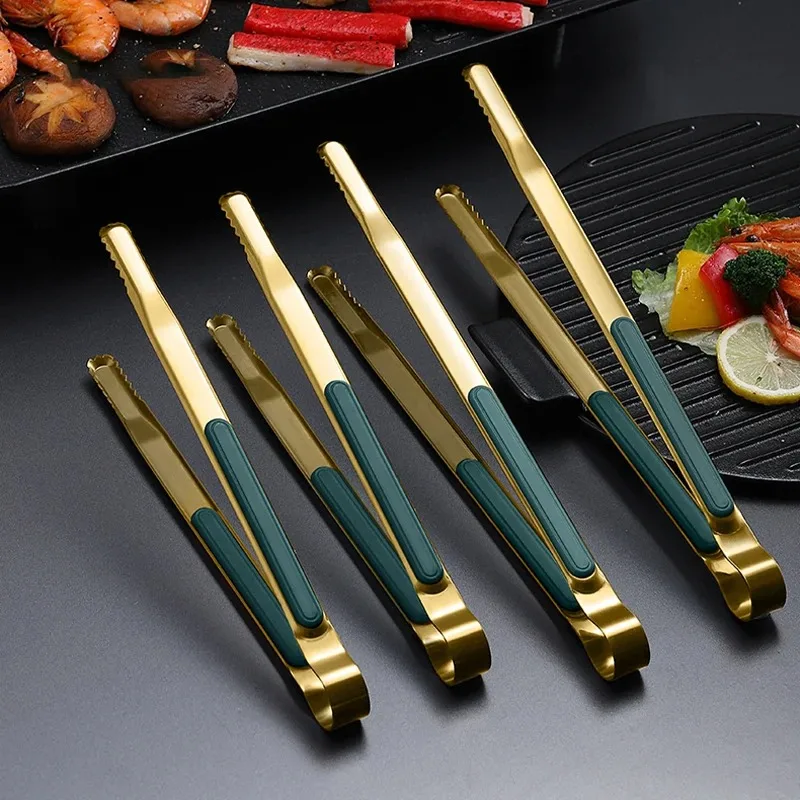 Gold Stainless Steel Food Tongs Non-Slip Serving Tongs For BBQ Meat Salad Bread Kitchen Accessories Cooking Utensils