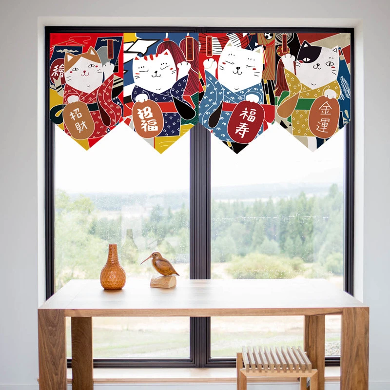 VIKAMA Cute Cartoon Kimono Cats Triangle Curtain, 6 Designs, Doorway Decor for Bedroom Living Room Kitchen
