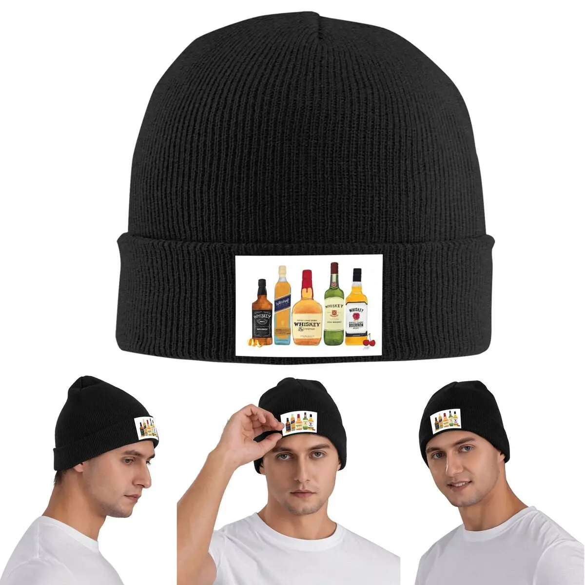 

Иллюстрация бутылок виски, теплая вязаная шапка, зимняя вязаная шапка с капюшоном, шапочки Skullies, шапки в стиле хип-хоп для унисекс
