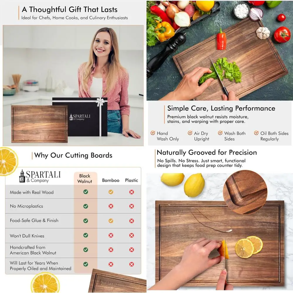 

18x12 Inch Reversible Black Walnut Butcher Block with Juice Groove - Premium Hardwood Cutting Board for Meat, Cheese, and Vegeta