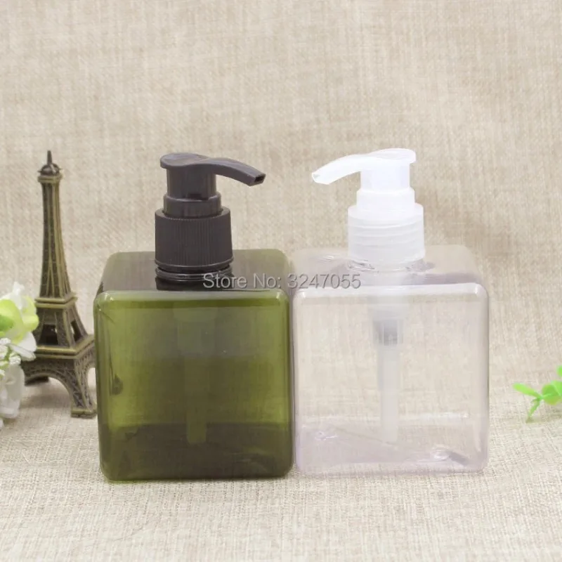 250ML White Plastic Square Shampoo Refillable Bottle,Portable Travel Body Lotion Pump Container,Olive Green Cosmetic TonerBottle