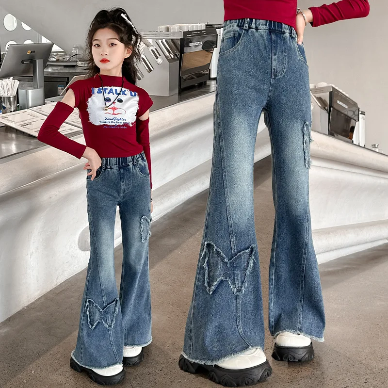 

Джинсы-клеш для девочек, весенне-осенние новые модные детские лоскутные облегающие эластичные длинные брюки с бабочкой