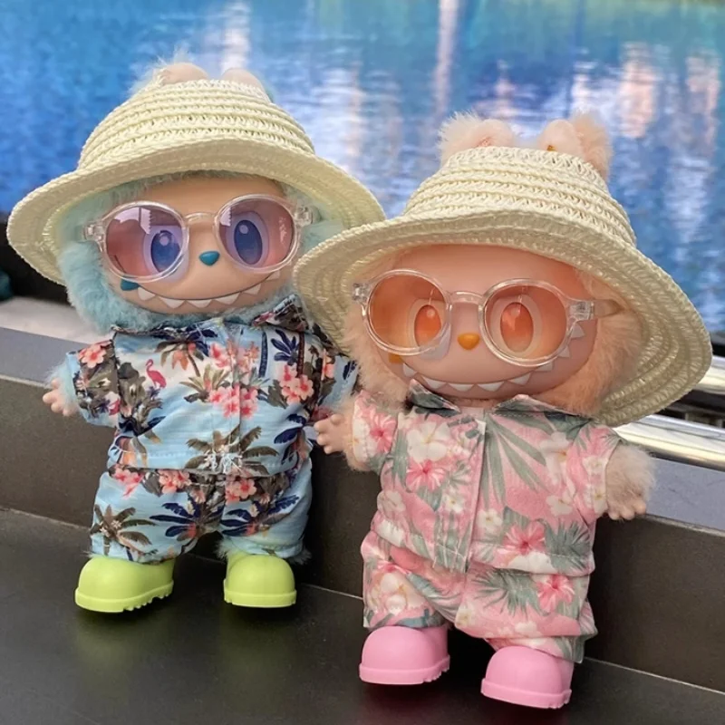 

Для 15/17 см Ropa Labubu наряд, комплект пляжной рубашки, летний комплект для плавания, рубашка с цветочным принтом, комбинированный купальник, соломенная шляпа, очки, ботинки, комплект