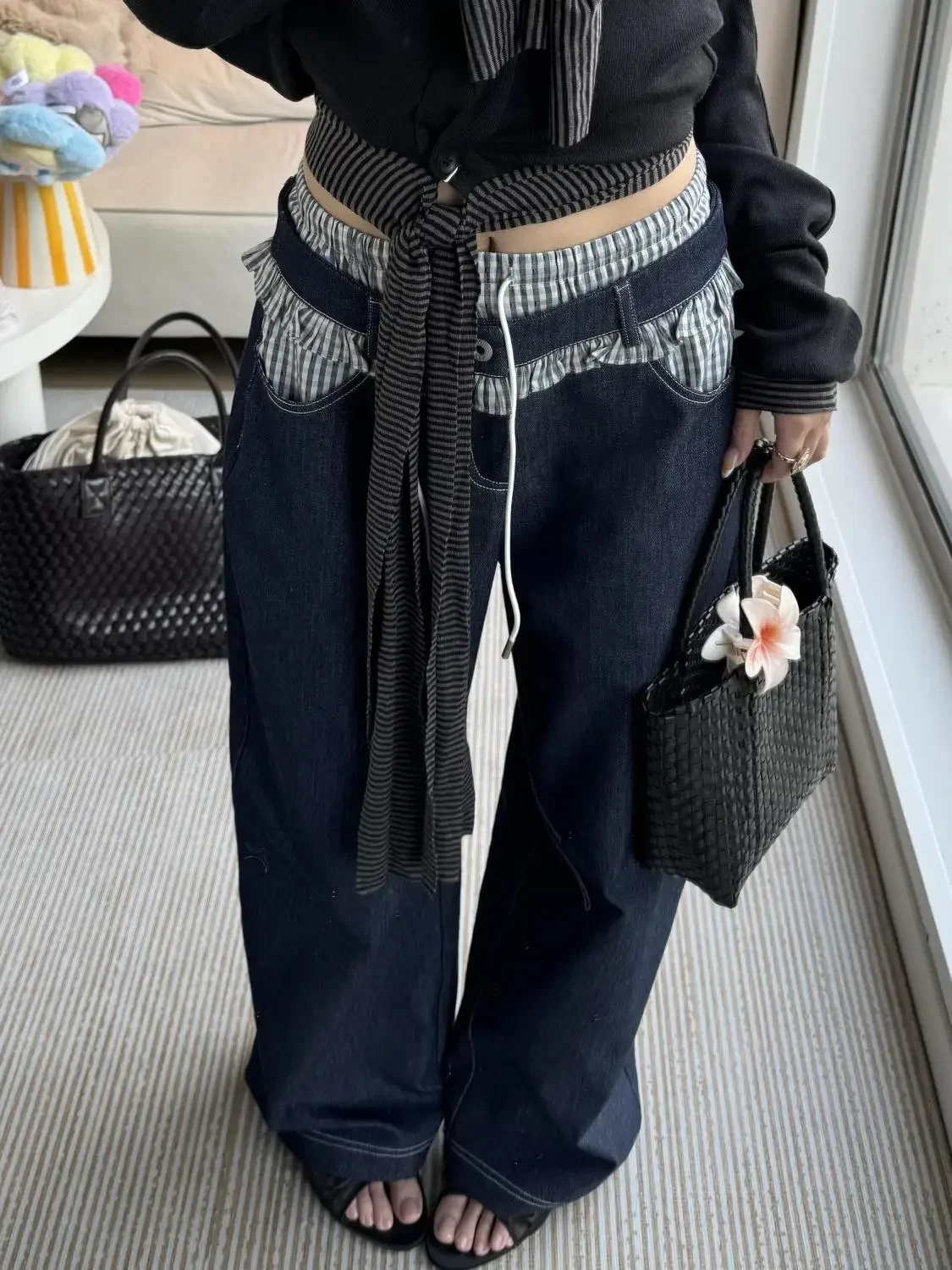 

American Retro Plus Washed Plaid Waist with Black Fungus Edge Splicing Jeans for Women's High Street Loose Straight Leg Pants