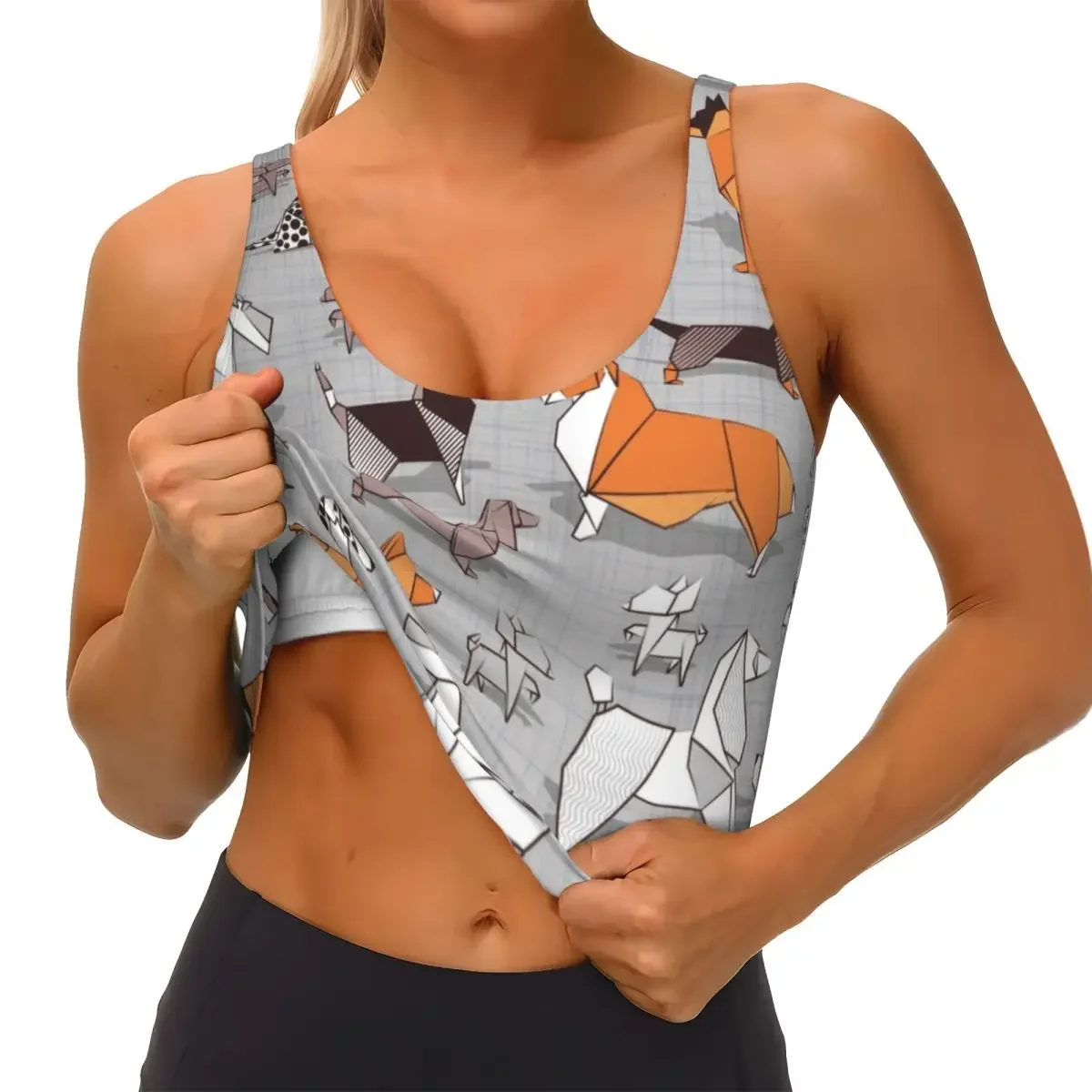 Custom Origami Doggie Friends Workout Crop Tank Tops Women's Dachshund Beagle Terrier Dog Yoga Sports Bras