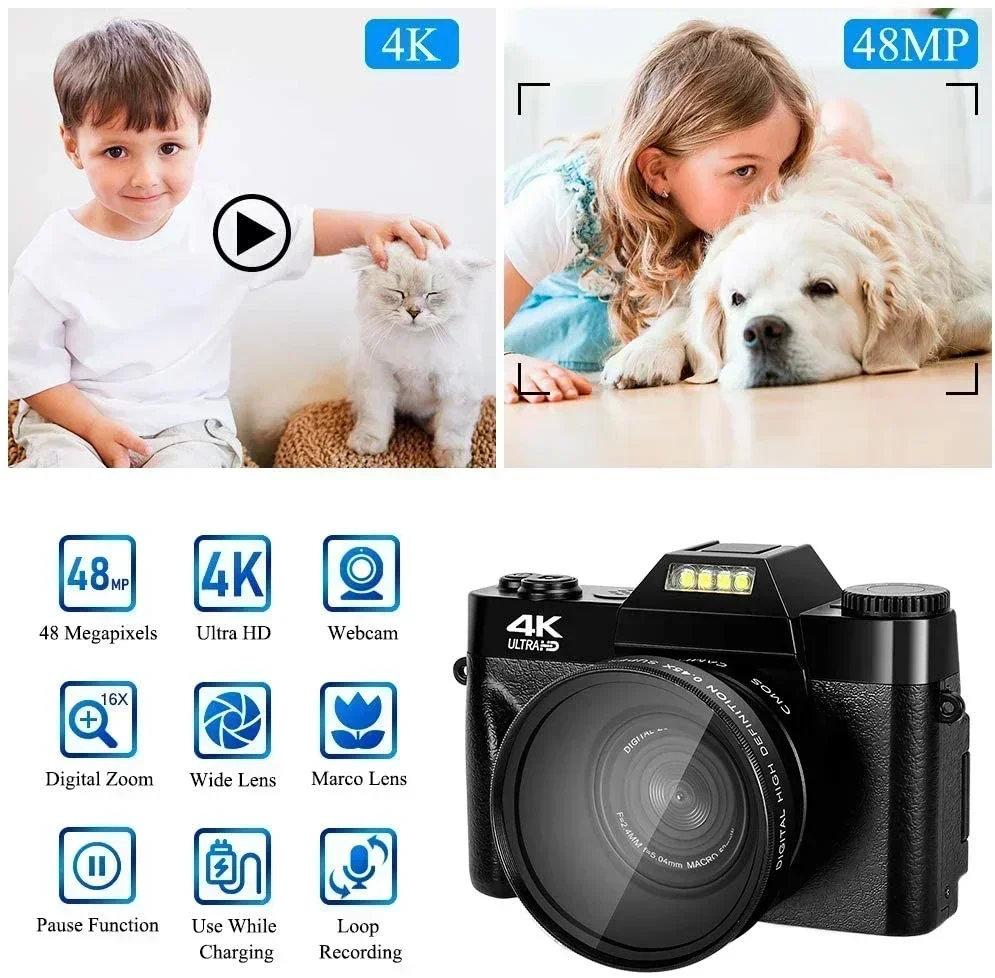 4K Digital Camera For Photography and Video Auto focus Anti-Shake 48MP Compact Vlogging Camera 3' '180°Flip Screen with Flash