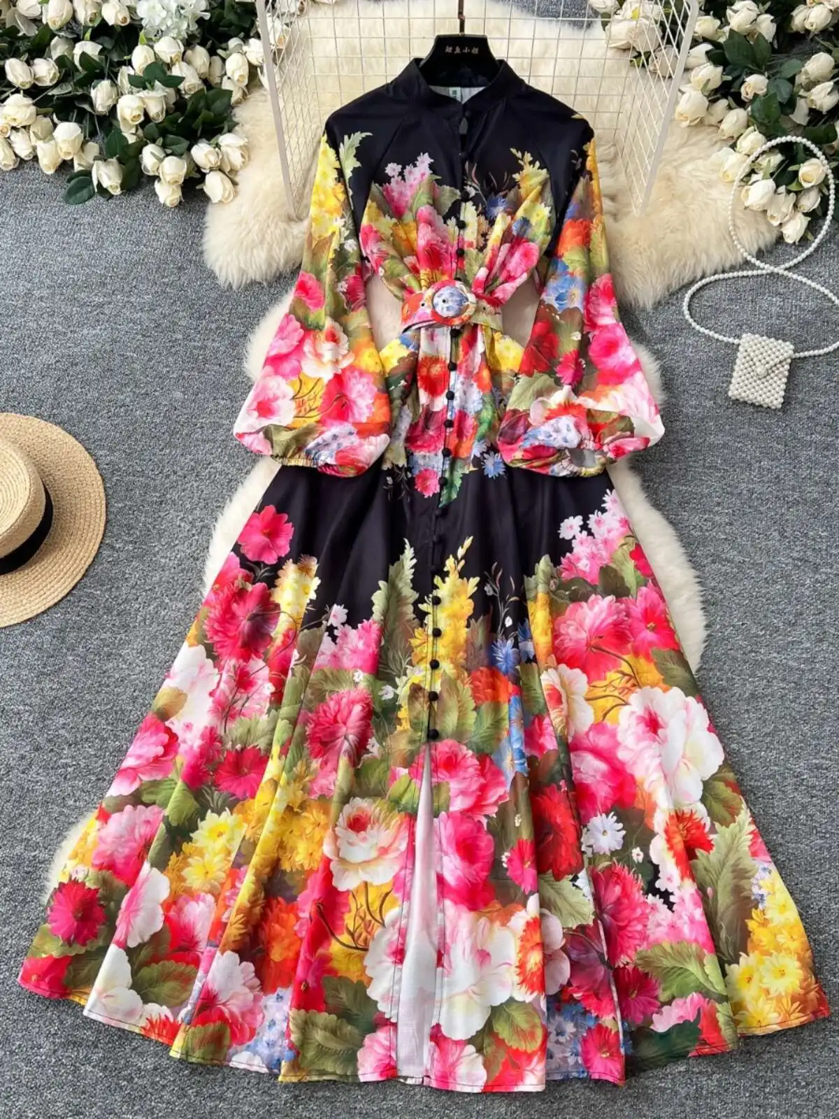 

Elegant Cotton En Ral Maxi Dresses Shirt Women Summer Autumn Single Breasted Button Print Lantern Full Sleeve Office Dress