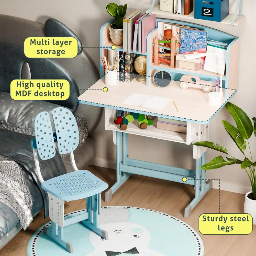 2Pcs/Set Kids Desk Chair Set, Adjustable Height School Leaning Table Chair Set with Drawer Design, Children Desk Chair Set with