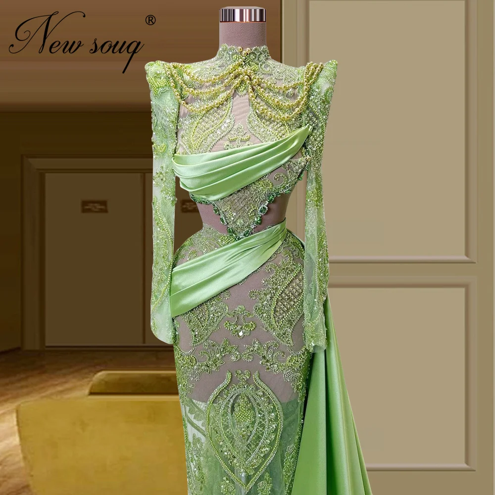 Elegant Green Long Beaded Evening Dresses Arabic Dubai Illusion Formal Prom Dresses Custom Made Mermaid Long Train Party Dress