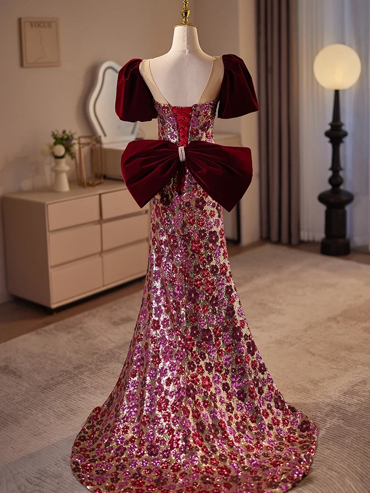 Customized  Luxury Sequins Mermaid Evening Dress Sweetheart Puff Seleeve Fishtail Glittering Flower Party Formal Gown for Women