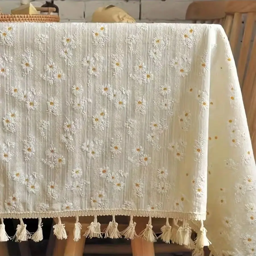 1pc Square Tassel Tablecloth, Fresh Pastoral Style Table Decoration With Daisy Pattern And Tassel Trim, For Picnic, Party, Room