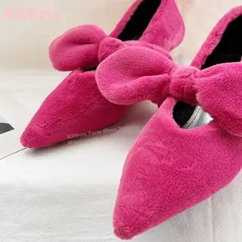 毛絨蝴蝶結單跟純色套腳尖頭小貓跟時尚新穎優雅性感女鞋最新款 8 最佳銷售 毛茸茸的高跟鞋 - №5