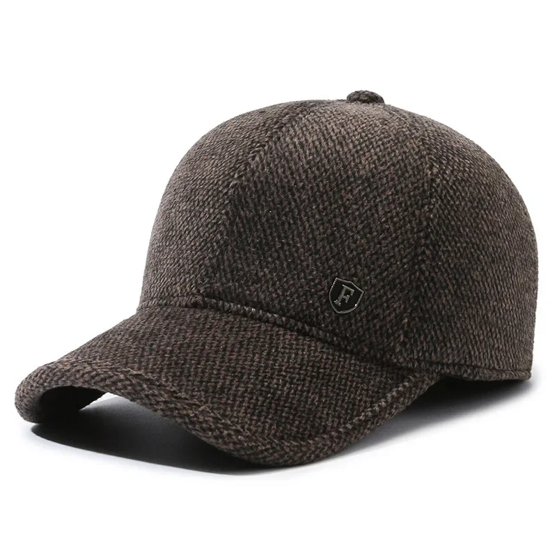 Autumn and winter new hat men's middle-aged hemming small F standard winter baseball cap ear protector woolen warm cap