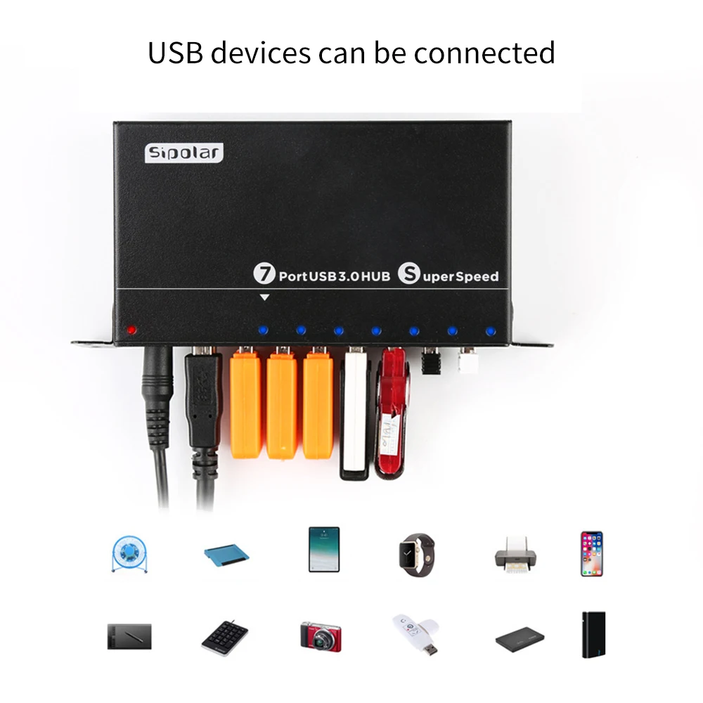 1.0 متر 7-Port USB 3.0 Hub Power Supply يستخدم في وقت واحد محرك الأقراص الصلبة USB3.0 الفاصل لأجهزة الكمبيوتر المحمول، قابس الولايات المتحدة