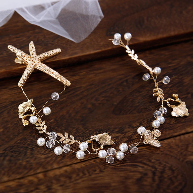 Elegant Starfish Star Hairpins The Bridal Hair Accessories Handmade Headband Bride Handmade Tiaras Soft Pearl Hair Jewelry view 4